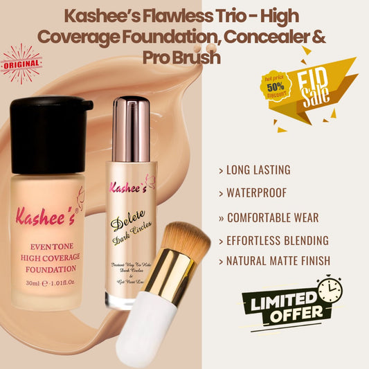 Kashee’s Flawless Trio – High-Coverage Foundation, Concealer & Pro Brush