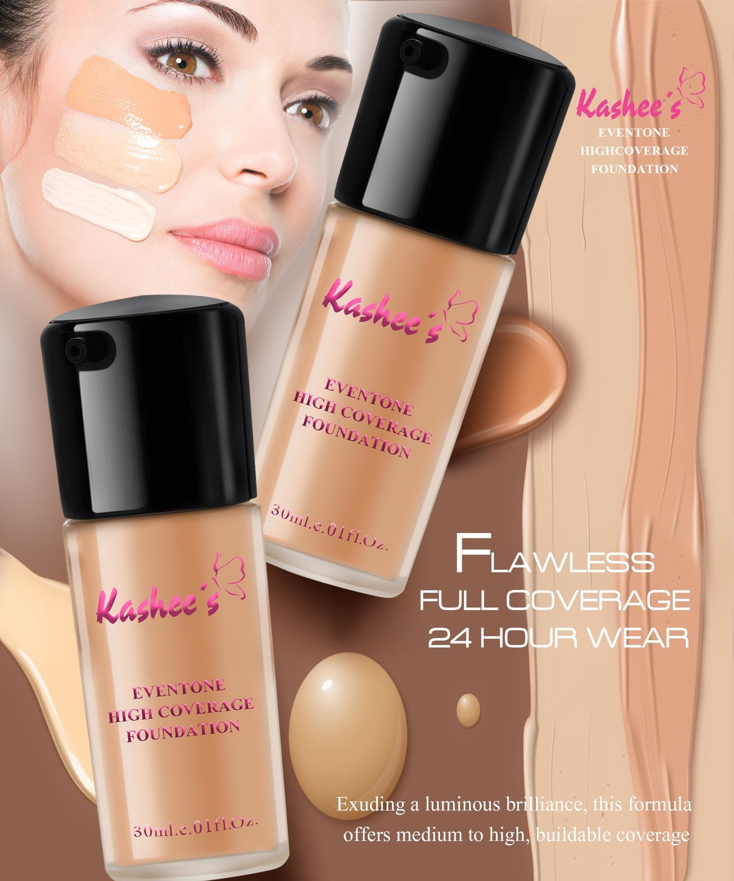 Kashee's Eventone High Coverage Foundation+Free Gift (Kashees Compact Powder)